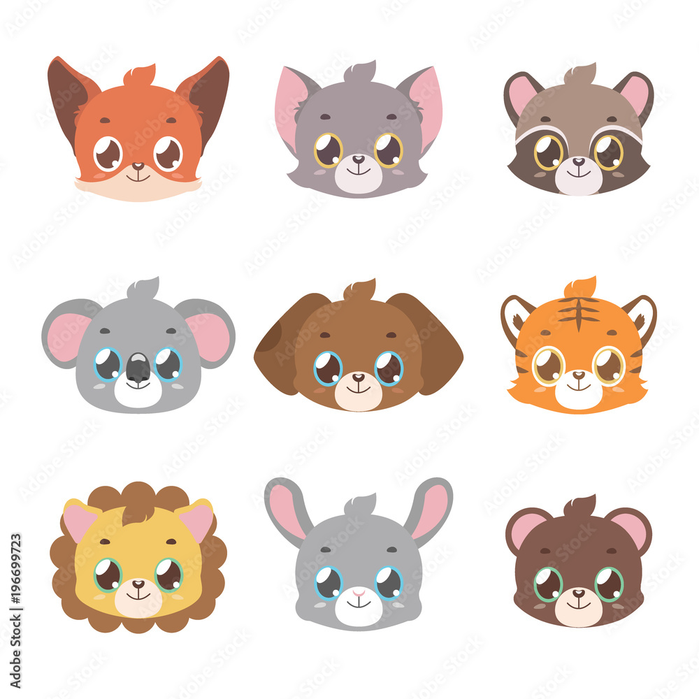 Cute animal faces in pastel coloring