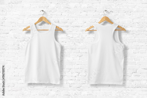 Blank White Tank Top Shirt Mock-up on wooden hanger, front and rear side view. 3D Rendering.  photo