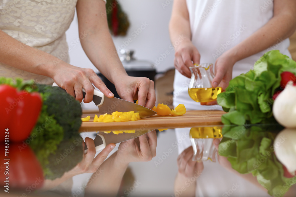 Closeup of human hands cooking in kitchen. Mother and daughter or two female cutting bell pepper for fresh salad. Healthy meal, vegetarian food and lifestyle concepts