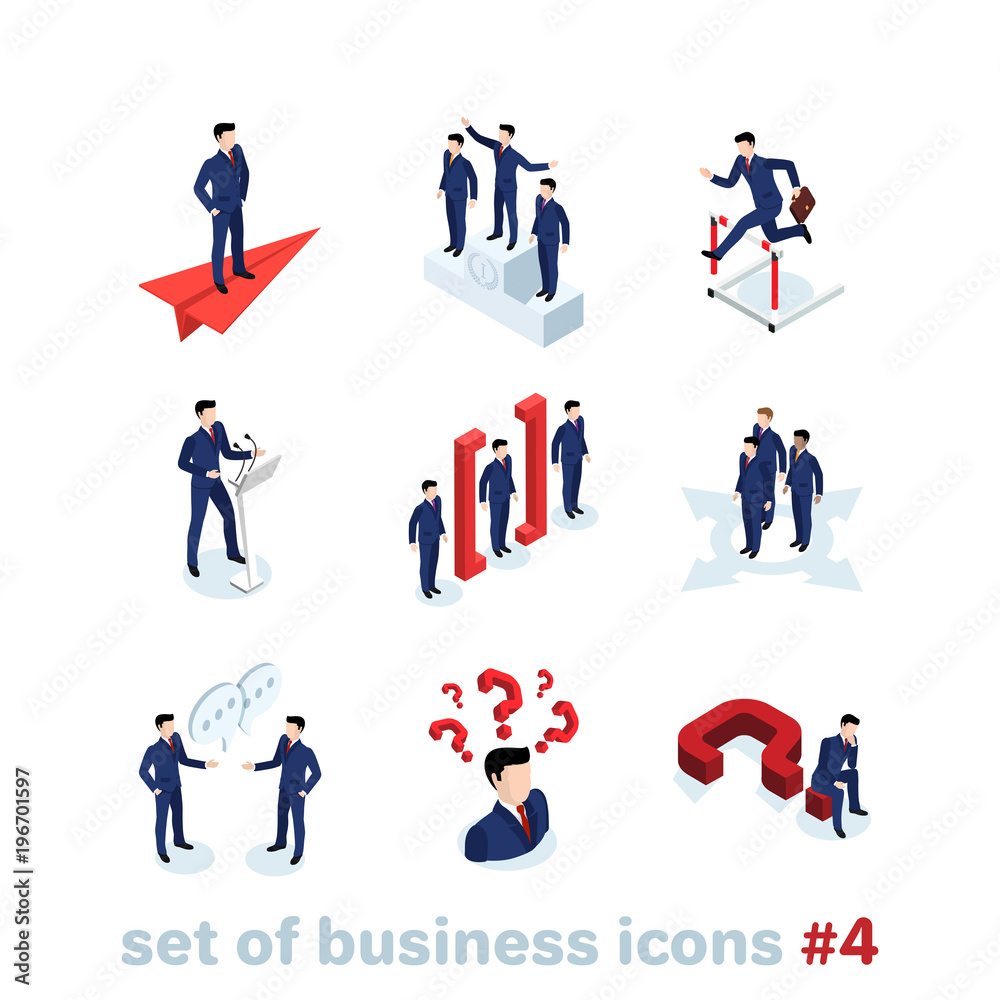 business and finance icons on white background, men in business suits in different situations, isometric image