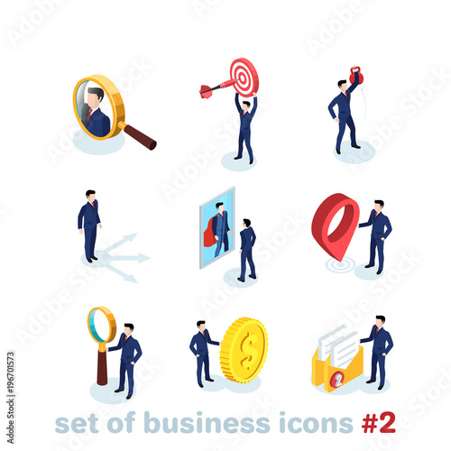 business and finance icons on white background, men in business suits in different situations, isometric image