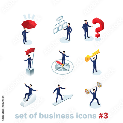 business and finance icons on white background, men in business suits in different situations, isometric image