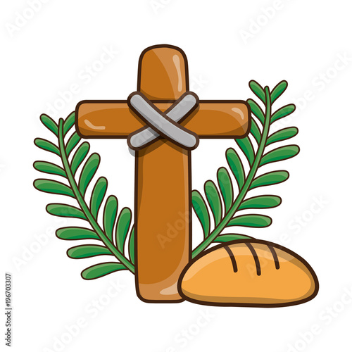 cross catholic religion with palms and bread