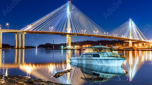 Port Mann Bridge, long exposure in a bright night. Vancouver, British Columbia, Canada.