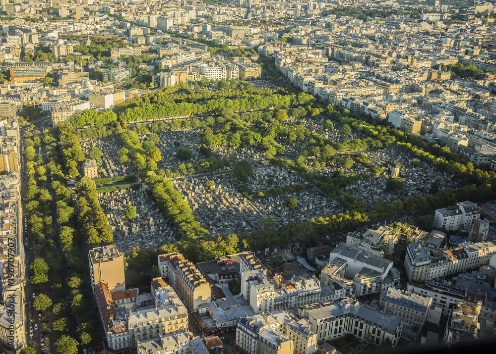 Panoramic view of the Montparnasse Cemetery, the second largest cemetery in Paris, France