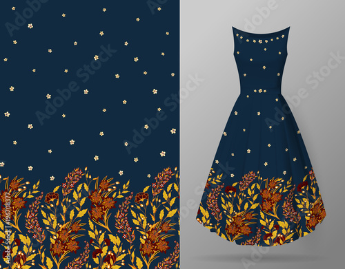 Cute pattern in small flowers and herbs. Seamless vertical background. An example of the pattern of the dress mock up. Vector illustration. Bright orange yellow on navy blue.