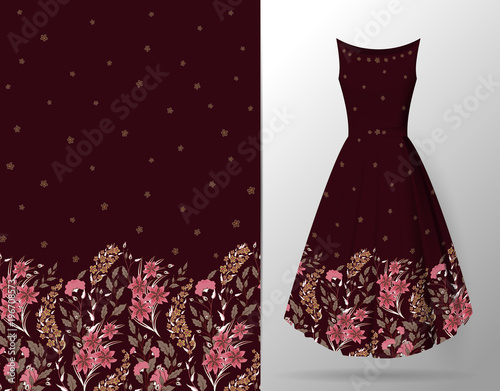 Cute pattern in small flowers and herbs. Seamless vertical background. An example of the pattern of the dress mock up. Vector illustration. Pink and brown on vinous.