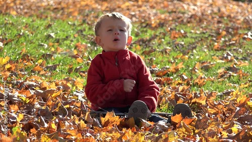 Funny child sitting on yellow autumn leaf and green grass, dislike gesture, dissaprove photo