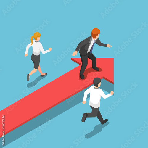 Isometric businessman standing on red arrow at leader position. © Jiw Ingka