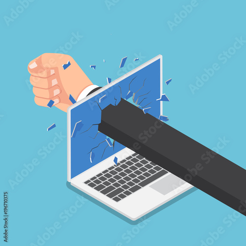 Isometric businessman hand punch through laptop monitor.