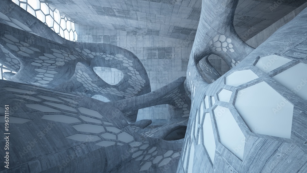 Abstract white and concrete parametric interior with window. 3D illustration and rendering. Abstract white and concrete parametric interior with window. 3D illustration and rendering.