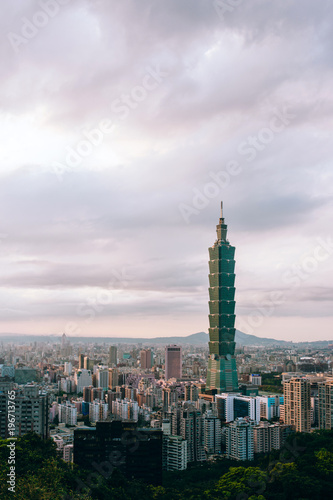 Aerial panorama over Downtown Taipei with Taipei 101 Skyscraper, capital city of Taiwan