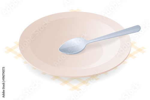 Flat isometric illustration of empty plate for soup, spoon inside. The ceramic dish of eaten broth. The ingestion, eating, lunch, dinner, food, utensil vector concept isolated on white background.