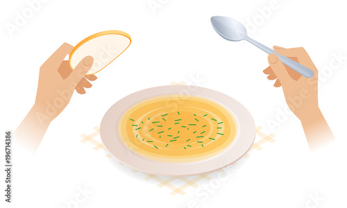 Flat isometric illustration of full plate with soup, hands holding spoon and bread. The eating of bread and broth from ceramic dish. The ingestion and food vector concept isolated on white background.