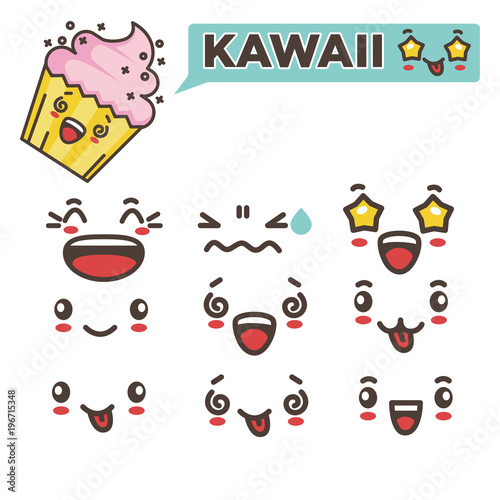 Kawaii tasty cupcake and spare emotional faces set