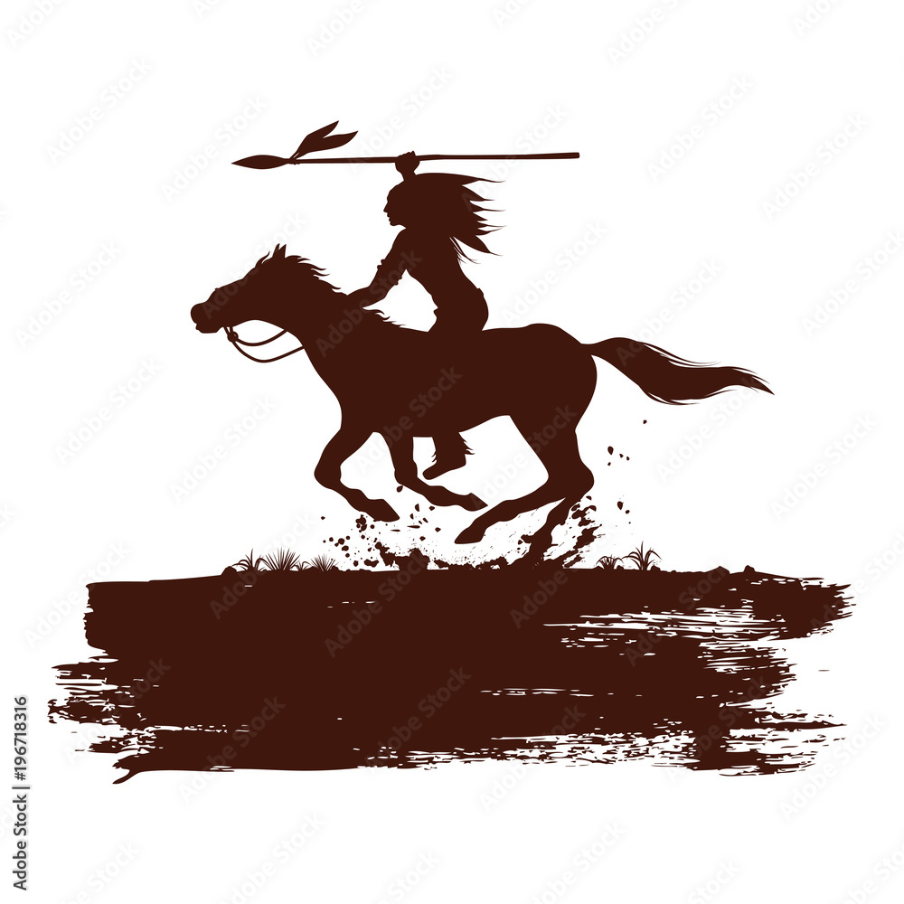 Silhouette of Native American Indian riding horseback with a spear ...