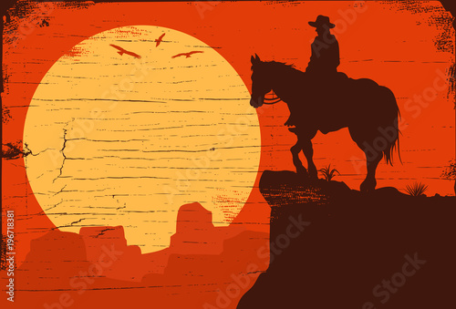 Silhouette of lonesome cowboy riding horse at sunset, Vector Illustration
