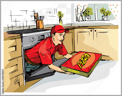 Sketch of interior of kitchen furniture and young boy delivering hot pizzas. Vector illustration. Express delivery pizza.