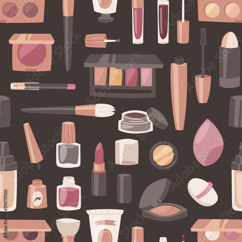 Cosmetic vector beauty make up cosmetology for beautiful woman with makeup foundation powder or eyeshadow illustration set of cosmetician accessories seamless pattern background