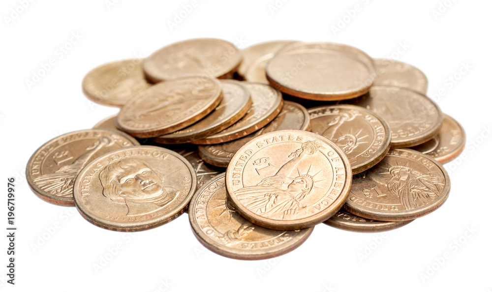 Heap of one dollar coins on white background. Heap of one dollar coins on white background.