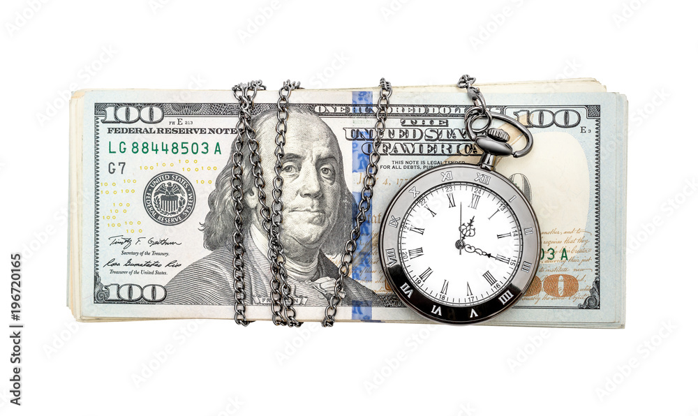 Pocket watch with heap of money on white background. Top view.