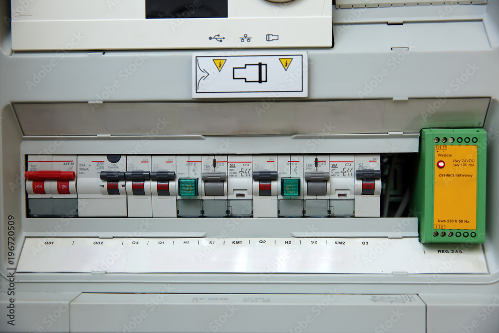 Electrical panel with fuses that protect our devices and us against accidental damage. Stock
