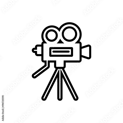 vintage video camera on tripod outlined vector icon, standing retro video camera outlined symbol. Simple, modern flat vector illustration for mobile app, website or desktop app