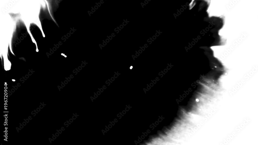 Beautiful white watercolor ink drops transition on black background, paint bleed Bloom, with circle organic flow expanding, pure splatter spreading. Perfect for motion graphics, digital composition.
