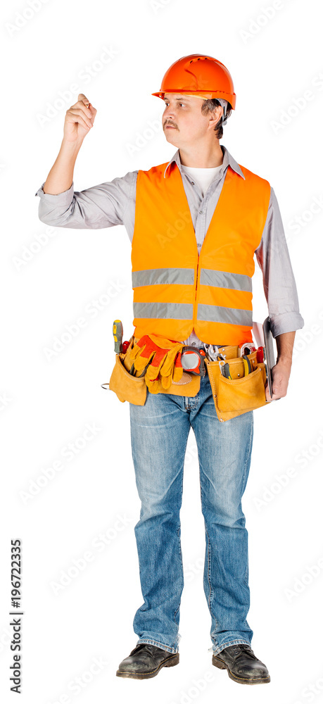 Builder man with pen writing on invisible wall. Builder man with pen writing on invisible wall.
