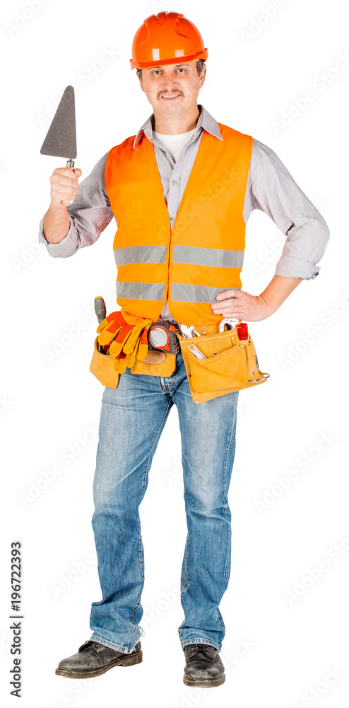 builder in a helmet holding a brick and trowel builder in a helmet holding a brick and trowel