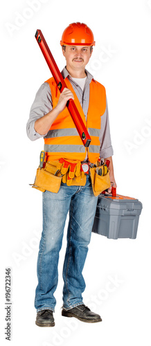 construction worker in a helmet with toolbox