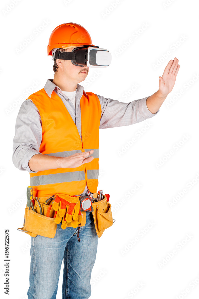 builder in a helmet wearing futuristic vr glasses