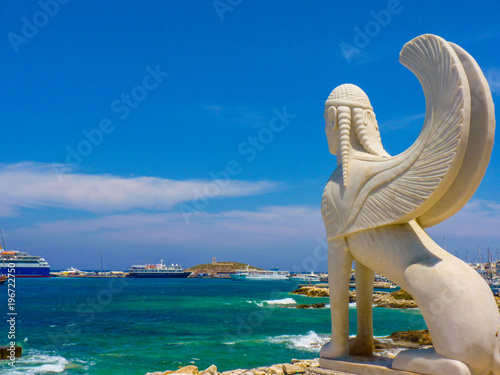 The Naxos (Naxian) Sphinx statue in port of Naxos Island, Cyclades, Greece