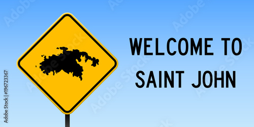 Saint John map on road sign. Wide poster with Saint John island map on yellow rhomb road sign. Vector illustration.