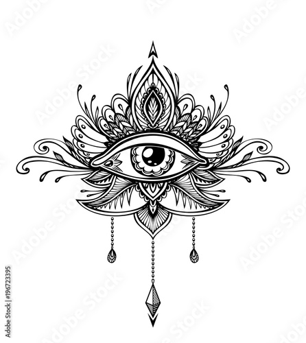Abstract symbol of All-seeing Eye in Boho Indian Asian Ethno  style for tattoo black on white for decoration T-shirt or for coloring page or adult coloring book. Concept magic occultism esoterics 