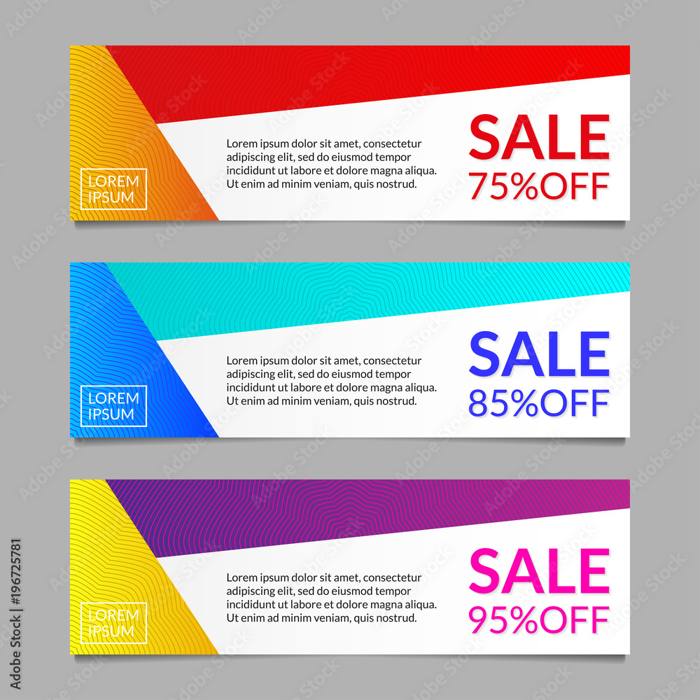 Sale and discount banner design template set. 75, 85, 95 percent