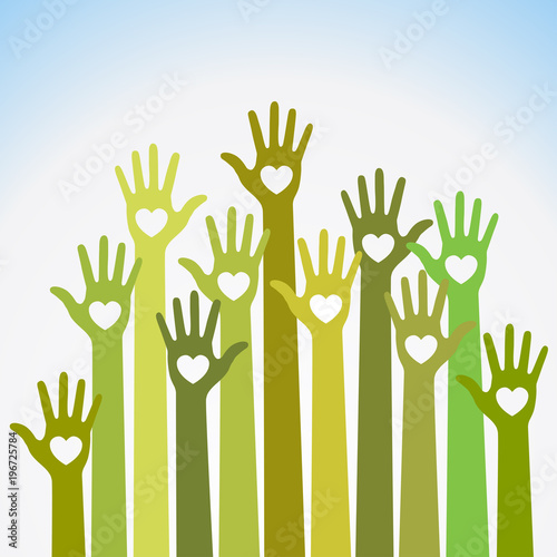 Green yellow colorful caring up hands hearts vector logo. Volunteers heart hands up vector emblem. Vector hands icon illustration. Education, Health Care, Medical, Volunteer, Vote Design Element. 