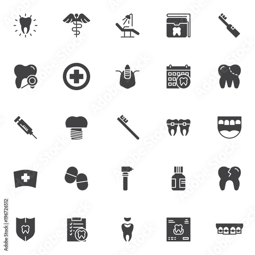 Dental vector icons set, modern solid symbol collection, filled style pictogram pack. Signs, logo illustration. Set includes icons as  healthy clean tooth, caduceus, dentist chair, brackets jaw, drill