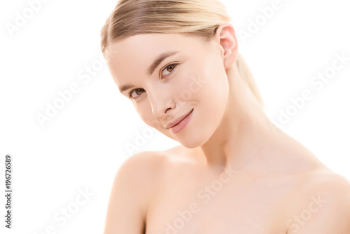 The portrait of the cute woman on the white background