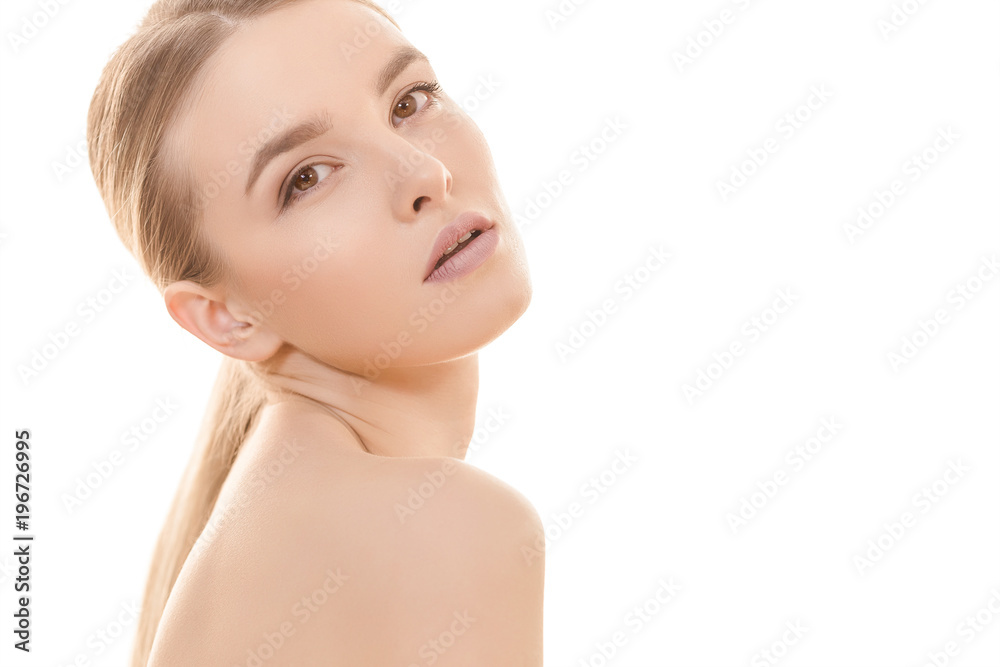 The portrait of the cute girl on the white background