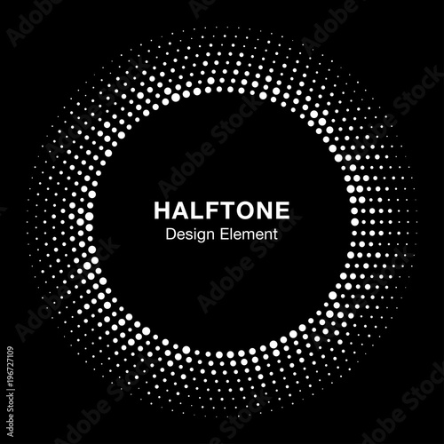 Halftone circle vector frame with white abstract random dots, logo emblem design element for technology, medical, treatment, cosmetic. Round border Icon using halftone circle dots raster texture.