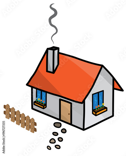 Classic single house with red roof, windows, doors, fence and stone sidewalk