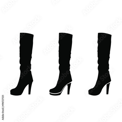 Silhouette of woman shoes, set of vector icon. The high-heeled boots in a different style. Black on white.