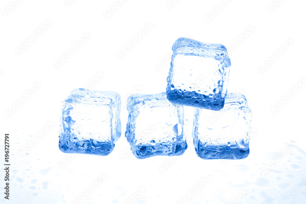 Blue ice cubes on white background.