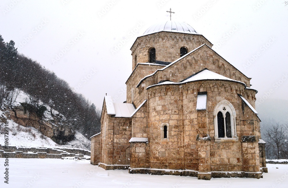 Serbian Orthodox monastery in the snow