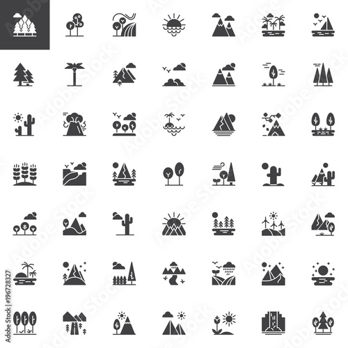 Nature landscapes vector icons set, modern solid symbol collection, filled style pictogram pack. Signs, logo illustration. Set includes icons as forest field, sunset, sunrise, mountain, desert, island
