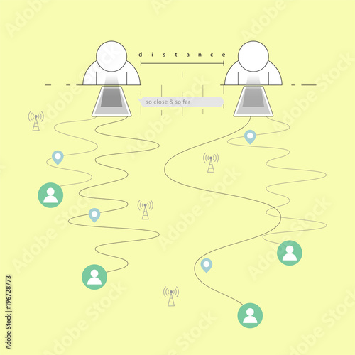 Internet make distance doesn’t matter. It’s depicted by comparison between length symbol and text messaging icon. Ralationship is about anyone or anywhere we need to connect. Vector illustration. photo