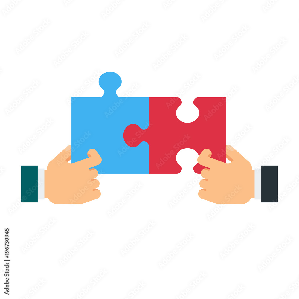 Hands of businessmen with puzzles. Concept of cooperation and teamwork. Flat vector cartoon illustration. Objects isolated on white background. Hands of businessmen with puzzles. Concept of cooperation and teamwork. Flat vector cartoon illustration. Objects isolated on white background.