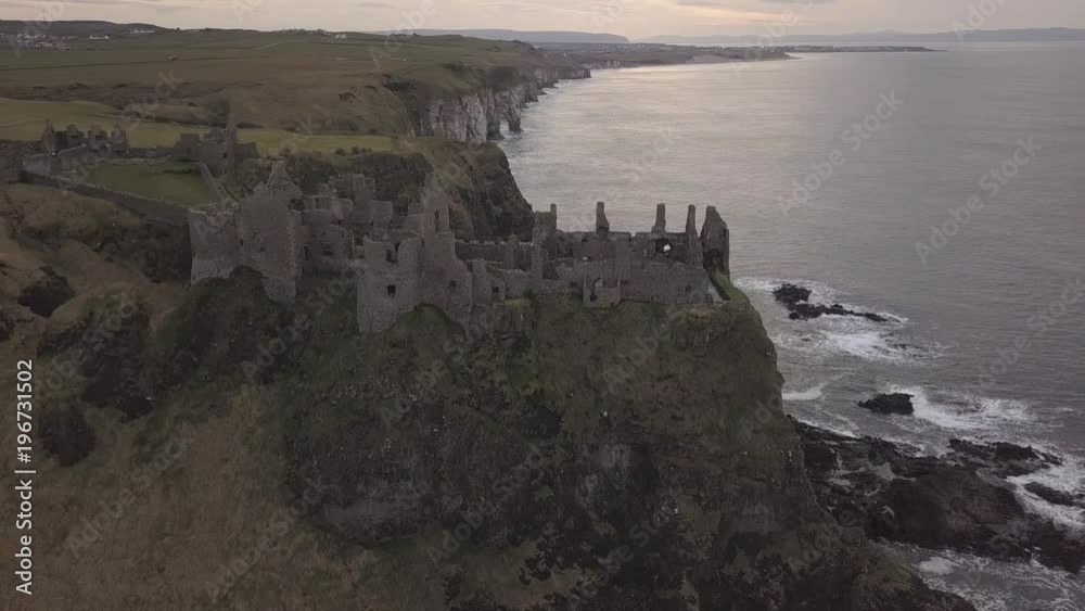 Castle ruins on seaside cliff top Aerial drone shot