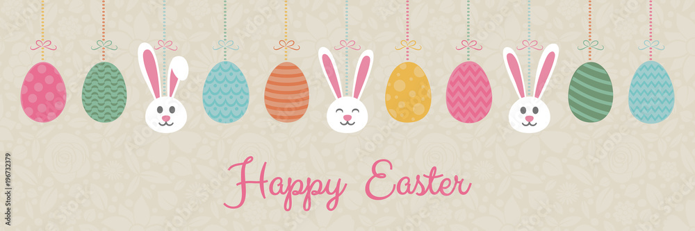 Pastel coloured Easter decoration with bunnies and eggs. Vector.